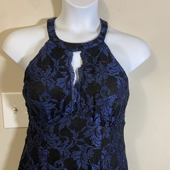 Nightway Glitter-Lace Keyhole Halter Cocktail Dress Navy Blue Black Lace Sz 12 - Picture 5 of 14